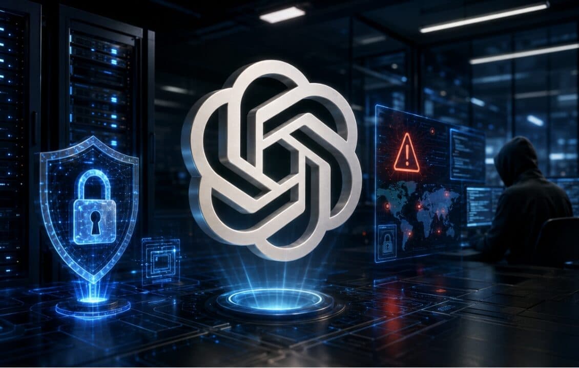 شاشة حاسوب تظهر رمز OpenAI مع أيقونات أمان سيبراني