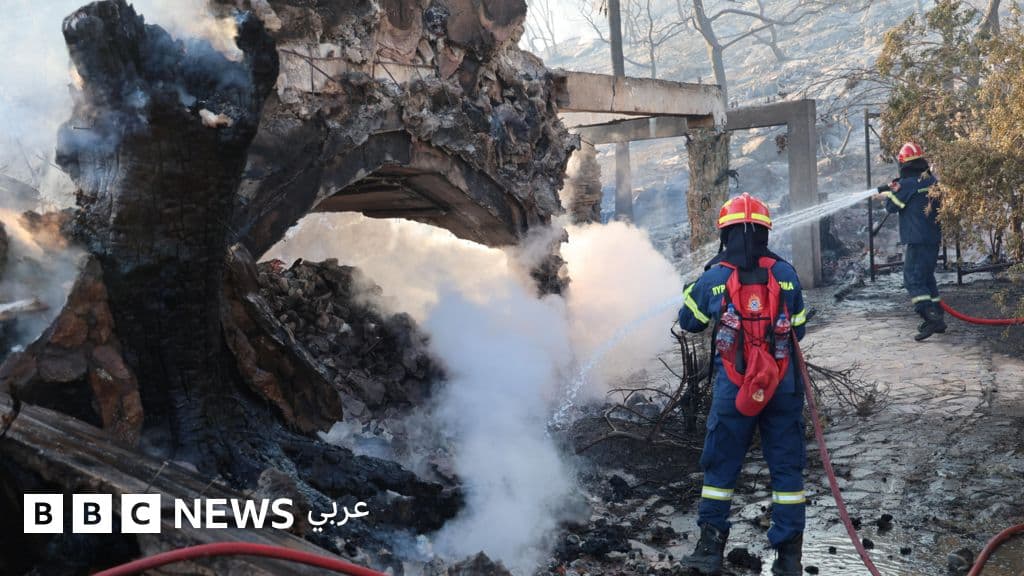 Firefighters fighting forest fires on the island of Salamis