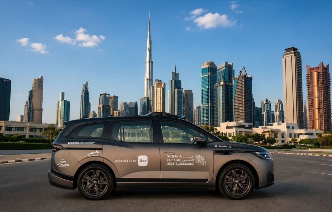 An Apollo Go autonomous taxi driving on the streets of Dubai